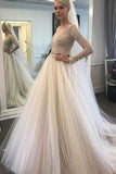 2024 Long Sleeves Bateau Wedding Dresses Tulle A Line With Applique Court Train