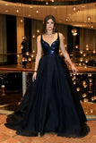 2024 A-Line V-Neck Dark Blue Sleeveless Satin Floor-Length Sweep Train Prom SRS10067