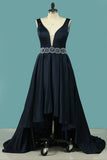 2024 V Neck A Line Satin Prom Dresses With Beaded Waistline Asymmetrical