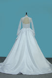 2024 Long Sleeves Satin Wedding Dresses High Neck Open Back A Line