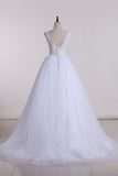 2024 V Neck With Applique Wedding Dresses Tulle A Line Chapel Train