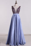 2024 A-Line Prom Dresses Beaded Bodice Satin A Line Open Back