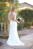 2024 Mermaid Scoop Wedding Dresses 3/4 Length Sleeves Lace Open Back