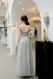 Spaghetti Straps Floor Length Tulle Prom Gowns, A Line Long Party Dress Beads