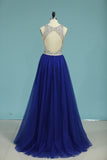 2024 A Line Scoop Beaded Bodice Prom Dresses Open Back Tulle Sweep Train