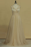 2024 A Line V Neck Open Back Bridesmaid Dresses Ruched Bodice Tulle Floor Length