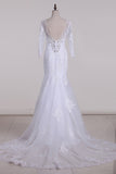 2024 V-Neck 3/4 Length Sleeve Wedding Dresses Mermaid Tulle With Beads And Applique Court Train