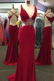 2024 V-Neck Beaded Bodice Open Back Prom Dresses Column Spandex Sweep Train