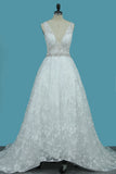 2024 Straps Lace Wedding Dresses A Line With Beaded Waistline Open Back