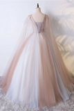 Ball Gown V Neck Tulle Prom Dress With Appliques, Unique Floor Length Quinceanera Dresses