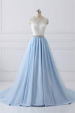 Classy Ivory And Sky Blue Long Lace Tulle Princess Prom Dresses