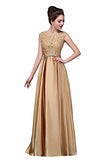 Elegant A-Line Applique Round Neck Lace Satin Ball Gown Evening Prom Dress