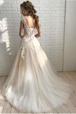 Ivory Elegant Sheer Neck Cap Sleeves Tulle Beach Wedding Dress With Applique