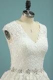 2024 V Neck A Line Beaded Waistline Wedding Dresses Lace With Applique