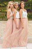 2024 Bridesmaid Dresses V Neck Tulle Floor Length A Line Bicolor