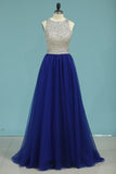 2024 A Line Scoop Beaded Bodice Prom Dresses Open Back Tulle Sweep Train