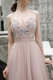 A Line Floor Length Spaghetti Straps Tulle Prom Dress With Beads