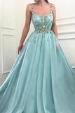 Elegant A Line Spaghetti Straps Tulle Scoop Prom Dresses With Appliques, Formal Dresses