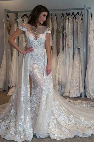 Gorgeous Cap Sleeves Sheer Neck Long Wedding Dress With Detachable Train