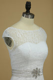 2024 Scoop Cap Sleeves Mermaid Wedding Dresses Beaded Waistband Lace