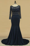 2024 Dark Navy Spandex Scoop 3/4 Length Sleeves Beaded Bodice Mother Of The Bride Dresses Mermaid/Trumpet