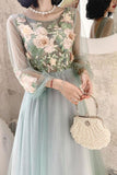 Elegant Long Sleeves Appliqued Tulle Prom Dress, Floor Length Appliques Evening Dress