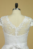 2024 Plus Size Scoop Short Sleeve Knee-Length A Line Lace With Sash Wedding Dresses