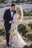 Long Sleeve Round Neck Lace Applique Wedding Dresses Vintage Mermaid Wedding Dress