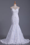 2024 Mermaid Spaghetti Straps Open Back Tulle With Applique And Beads Wedding Dresses