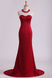 2024 Burgundy Chiffon Prom Dresses Scoop Spandex With Beading Sweep Train Mermaid