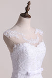 2024 Scoop A Line Wedding Dresses Tulle With Applique And Sash