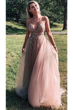 Gorgeous A-Line Spaghetti Straps V Neck Tulle Prom Dresses