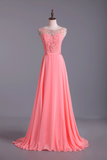 2024 Bateau A-Line Chiffon Prom Dresses With Ribbon Sweep Train