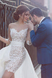 2024 Wedding Dresses Scoop Long Sleeves Tulle & Organza With Applique Sweep Train Detachable