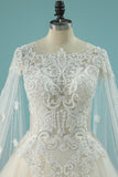 2024 Luxurious Scoop Wedding Dresses A Line Tulle With Appliques And Beading Royal Train