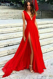 2024 V Neck Chiffon With Slit A Line Sweep Train Prom Dresses