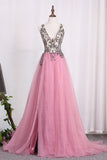 2024 Straps Prom Dresses A Line Tulle With Beading And Slit New Arrival