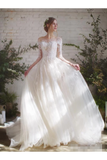 Wedding Dress With 3/4 Sleeves And Appliques Illusion Neckline