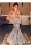 Silver Sequins Luxurious See Through Party Dress Backless Mermaid Long Prom Dress