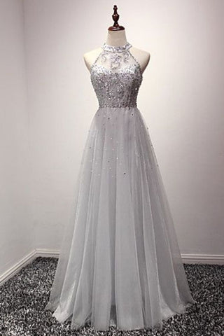 2024 New Arrival Evening Dresses A-Line Scoop Floor-Length Tulle Zipper Up With Beaded Bodice