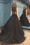 Sexy Ball Gown High Neck Black Tulle V Neck Sequins Party Dresses, Prom Dresses