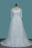 2024 Tulle A Line Boat Neck 3/4 Length Sleeves Wedding Dresses With Applique