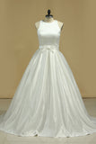 2024 Open Back Scoop A Line Wedding Dresses Satin Sweep Train