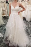 Spaghetti Straps V-Neck Ivory Lace Long Wedding Dresses Dresses For Wedding