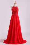 2024 Red Spaghetti Straps Beaded Bodice A-Line Chiffon Prom Dresses