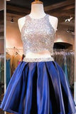 2024 Two-Piece Scoop-Neck A Line Satin Cocktail Dresses Zipper Up Beaded Bodice