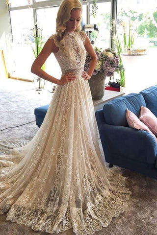 High Neck Lace Wedding Dresses A Line With Applique Court Train