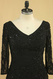 2024 Black Mother Of The Bride Dresses V Neck Chiffon With Beads 3/4 Length Sleeve