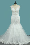 2024 Mermaid/Trumpet V Neck Wedding Dresses Court Train Tulle With Applique Lace Up Back