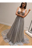 Dazzling Silver Sequins Prom Dresses Backless Formal Engagement Dress